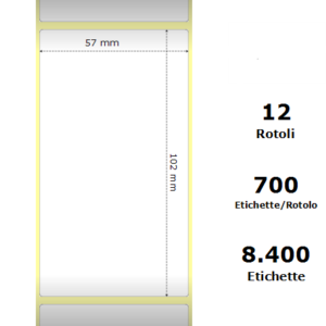 White 57x102mm,700 Et/Rotolo Z-2000D, 2.2x4x1Core,circonferenza 111mm 12 Rolls