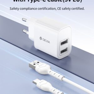 Caricabatterie 2.4A 2 USB-A 5V 12 Watt Con Cavo Tipo-C Bianco