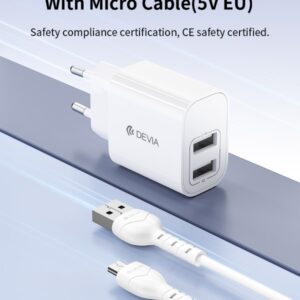 Caricabatterie 2.4A 2 USB-A 5V 12 Watt Con Cavo M-Usb Bianco