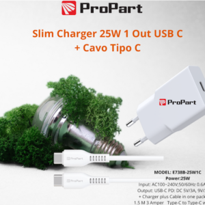 Slim Carica Batterie + Cavo Tipo C 25W 1 Out USB C