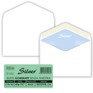 Busta Busta Silver Matic FSC  - senza finestra - gommata - 11,4 x 16,2 cm - 80 gr -  bianco - Pigna - conf. 25 pezzi