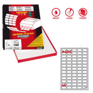 Etichette adesive A/400 - in carta - angoli arrotondati - permanenti - 38,1 x 21,2 mm - 65 et/fg - 100 fogli - bianco - Markin