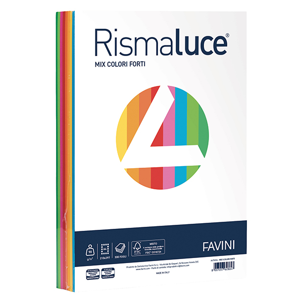 Carta Rismaluce - A4 - 90 gr - mix 8 colori - Favini - conf. 300 fogli