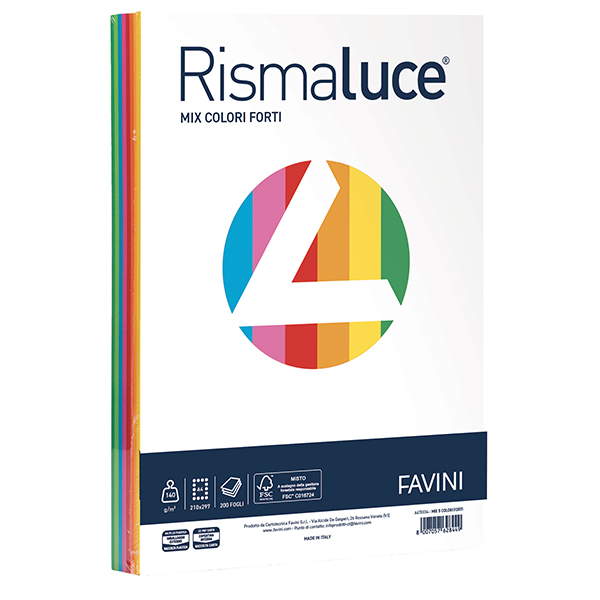 Carta Rismaluce - A4 - 140 gr - mix 6 colori - Favini - conf. 200 fogli
