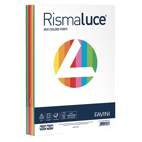Carta Rismaluce - A4 - 200 gr - mix 8 colori - Favini - conf. 125 fogli