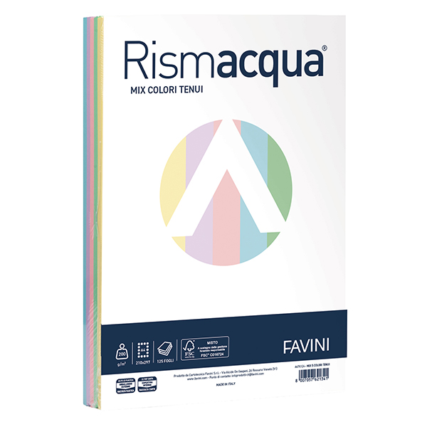 Carta Rismacqua - A4 - 200 gr - mix 5 colori - Favini - conf. 125 fogli