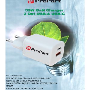 Carica Batterie QC GaN 33W PD 2 Output USB-A + USB-C