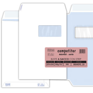 Busta a sacco Competitor FSC  - strip adesivo - con finestra - 23 x 33 cm - 100 gr - bianco - Pigna - conf. 500 pezzi