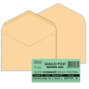 Busta Giallo Postale - gommata - 18 x 24 cm - 80 gr - carta riciclata FSC  - giallo - Pigna - conf. 25 pezzi