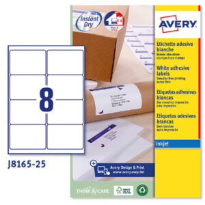 Etichette adesive J8165 - in carta - angoli arrotondati - inkjet - permanenti - 99,1 x 67,7 mm - 8 et/fg - 25 fogli - bianco - Avery