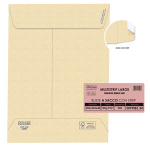 Busta a sacco Multi Strip Large - soffietti laterali - strip adesivo - 25 x 35,3 x 4 cm - 120 gr - carta riciclata FSC  - avana - Pigna - conf. 250 pezzi