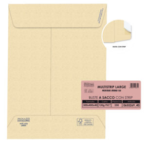 Busta a sacco Multi Strip Large - soffietti laterali - strip adesivo - 30 x 40 x 4 cm - 120 gr - carta riciclata FSC  - avana - Pigna - conf. 250 pezzi