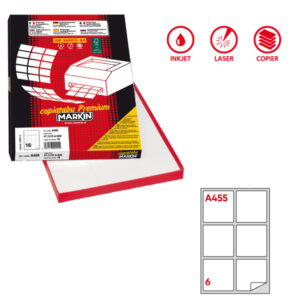 Etichette adesive A/455 - in carta - angoli arrotondati - permanenti - 99,1 x 93,1 mm - 6 et/fg - 100 fogli - bianco - Markin