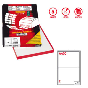 Etichette adesive A/470 - in carta - angoli arrotondati - permanenti - 199,6 x 143,5 mm - 2 et/fg - 100 fogli - bianco - Markin