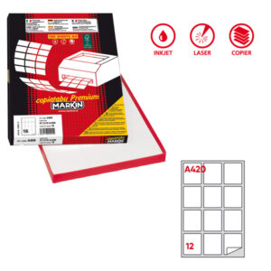 Etichette adesive A/420 - in carta - angoli arrotondati - permanenti - 63,5x72 mm - 12 et/fg - 100 fogli - bianco - Markin