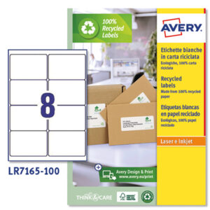 Etichette adesive - in carta riciclata - angoli arrotondati - laser - permanenti - 99,1 x 67,7 mm - 8 et/fg - 100 fogli - bianco - Avery