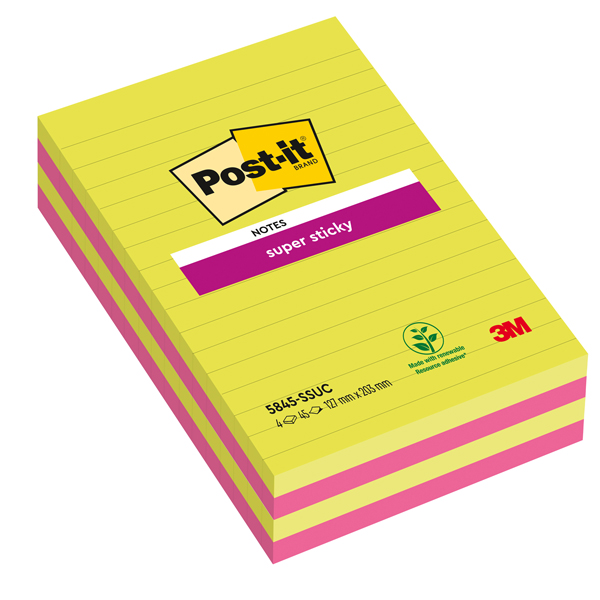 Blocco foglietti Post it Super Sticky rettangolari - 5845-4SSUC - a righe - 127 x 203 mm - colori Ultra - 45 fogli - Post it