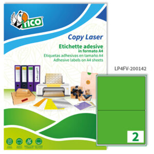 Etichette adesive LP4F - in carta - angoli arrotondati - laser - permanenti - 200 x 142 mm - 2 et/fg - 70 fogli - verde fluo - Tico