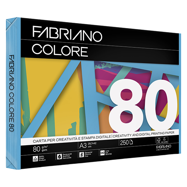 Carta Copy Tinta - A3 - 80 gr - colori forti azzurro - Fabriano - conf. 250 fogli