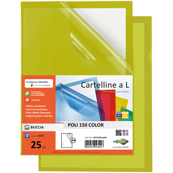 Cartelline a L Poli 150 Color - PPL - buccia - 21x29,7 cm - giallo - Sei Rota - conf. 25 pezzi