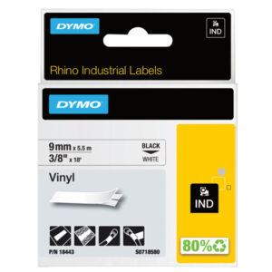 Nastro Rhino 18443 - 9 mm x 5,5 mt - vinile - nero/bianco - Dymo