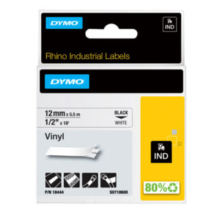 Nastro Rhino 18444 - 12 mm x 5,5 mt - vinile - nero/bianco - Dymo