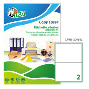 Etichette adesive LP4W - in carta - angoli arrotondati - laser - permanenti - 200 x 142 mm - 2 et/fg - 100 fogli - bianco - Tico