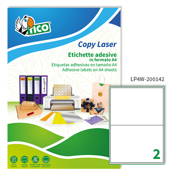 Etichette adesive LP4W - in carta - angoli arrotondati - laser - permanenti - 200 x 142 mm - 2 et/fg - 100 fogli - bianco - Tico
