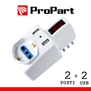 Adattatore 2pos bipasso/schuko +USB spina10A salvasp. + int.