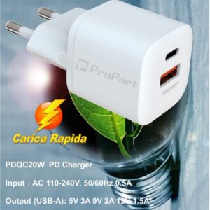 Carica Battere Rapido Mini PD + QC 20W 2 Out USB A - Type C