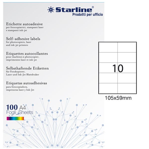 Etichette adesive - in carta - permanenti - 105 x 59 mm - 10 et/fg - 100 fogli - bianco - Starline