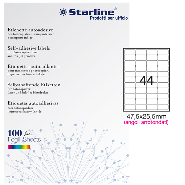 Etichette adesive - in carta - angoli arrotondati - permanenti - 47,5 x 25,5 mm - 44 et/fg - 100 fogli - bianco - Starline